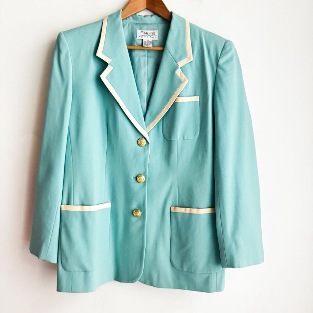 Talbots Petites Blue White Trim All Wool Classic Blazer 14P - Picture 2 of 5